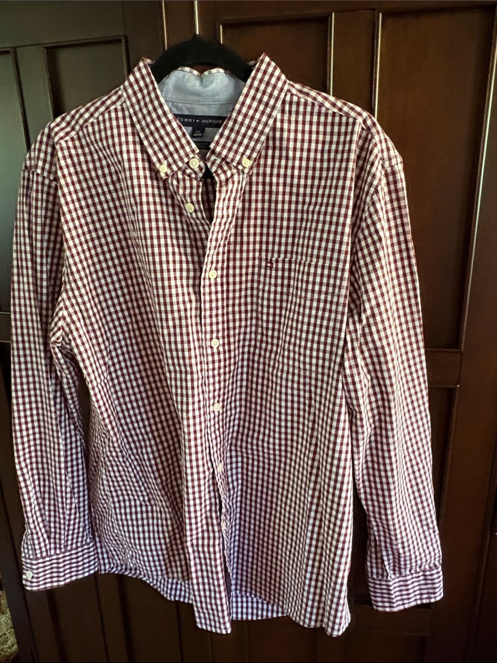 Tommy Hilfiger Men's Burgundy and White Gingham Button-Down Shirt
